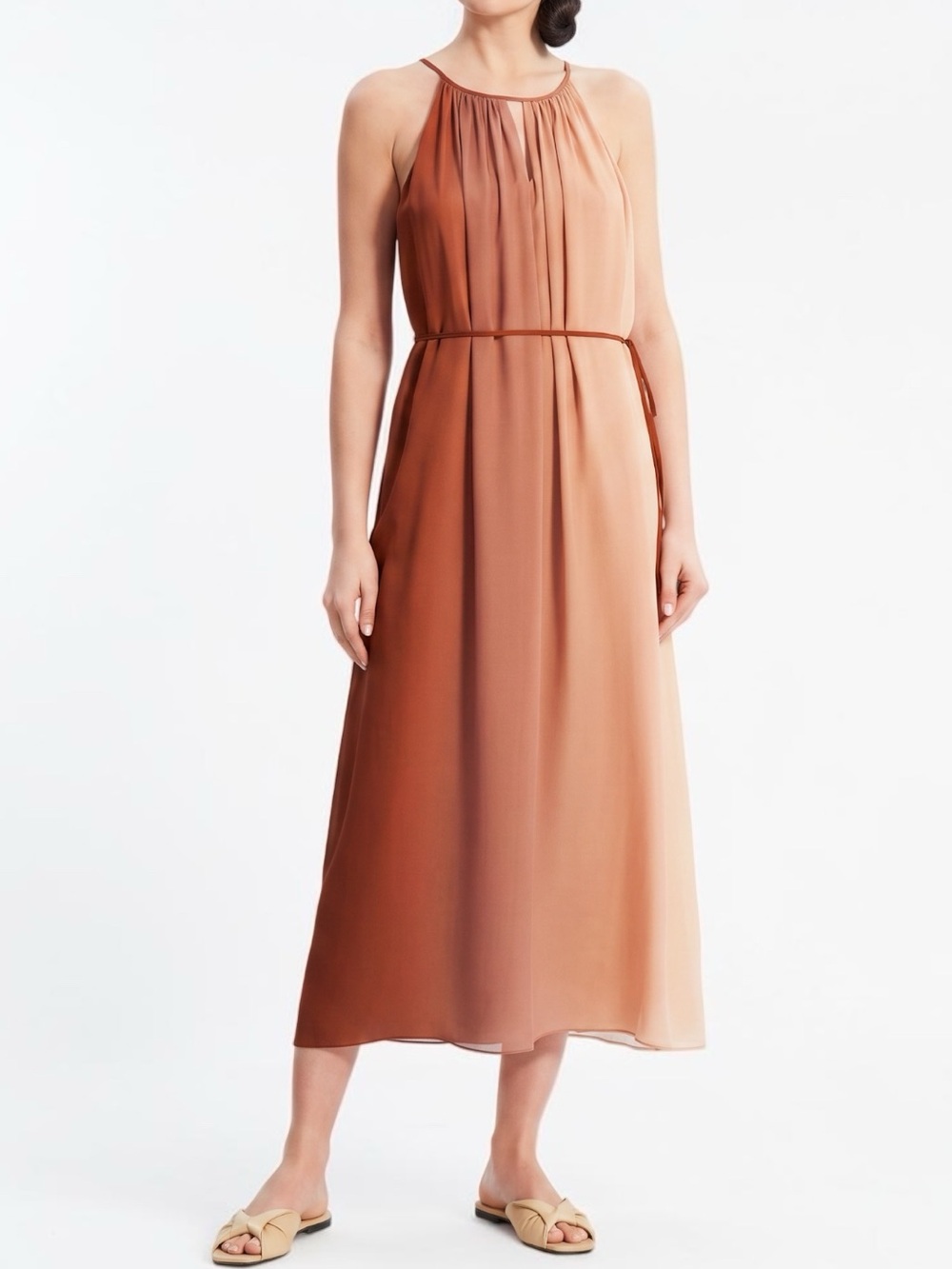 Theory Dip Dye Crepe Silk Halter Maxi Dress Shell Red Clay Size large